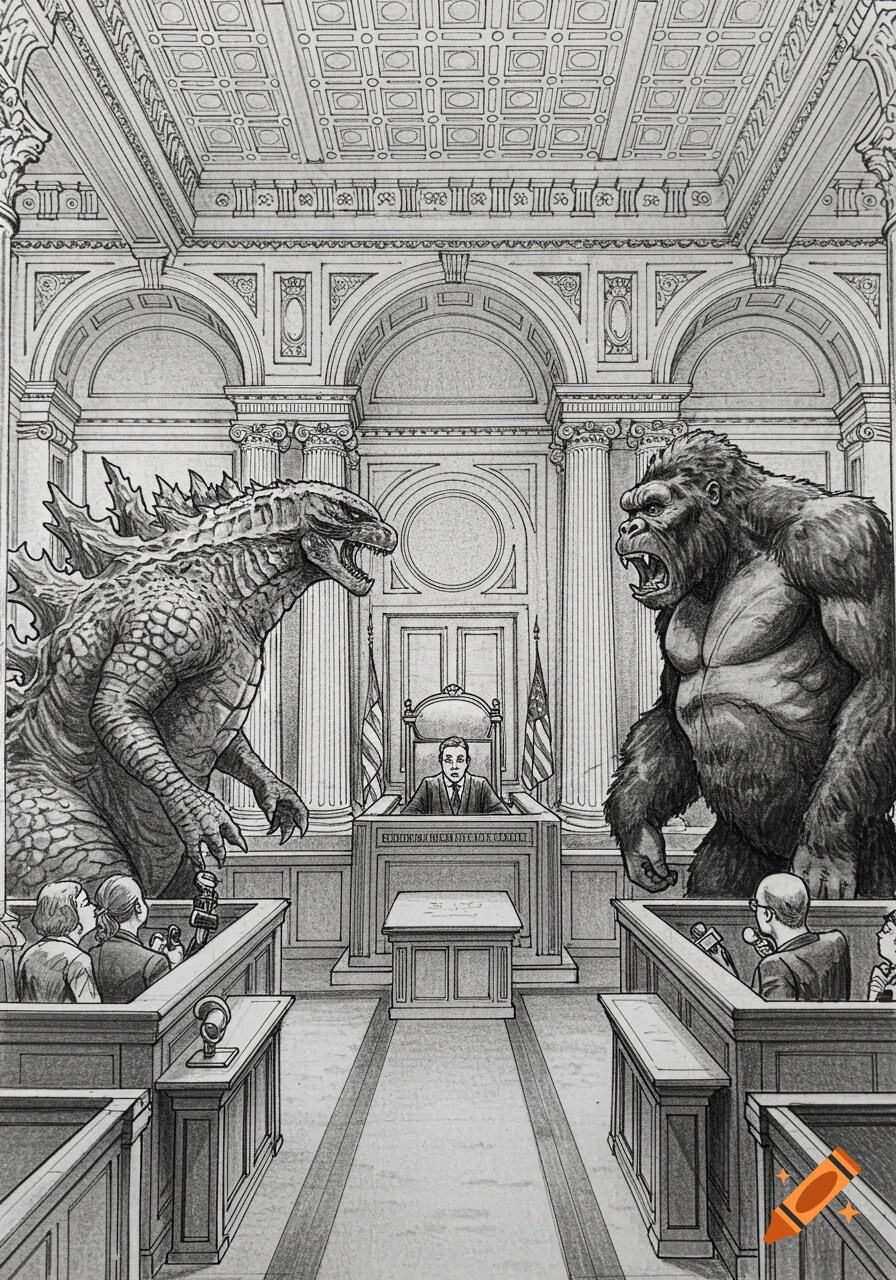 Grayscale sketch of Godzilla and King Kong facing each other in a courtroom, with a judge and spectators.