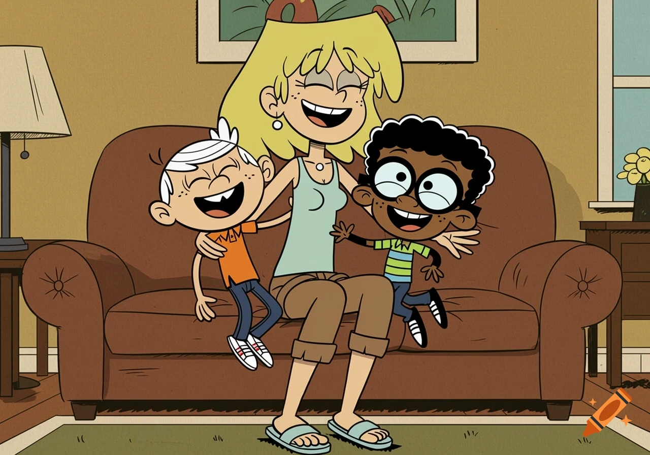 Lori Loud, Lincoln Loud, and Clyde McBride from The Loud House sit on a brown couch, laughing.