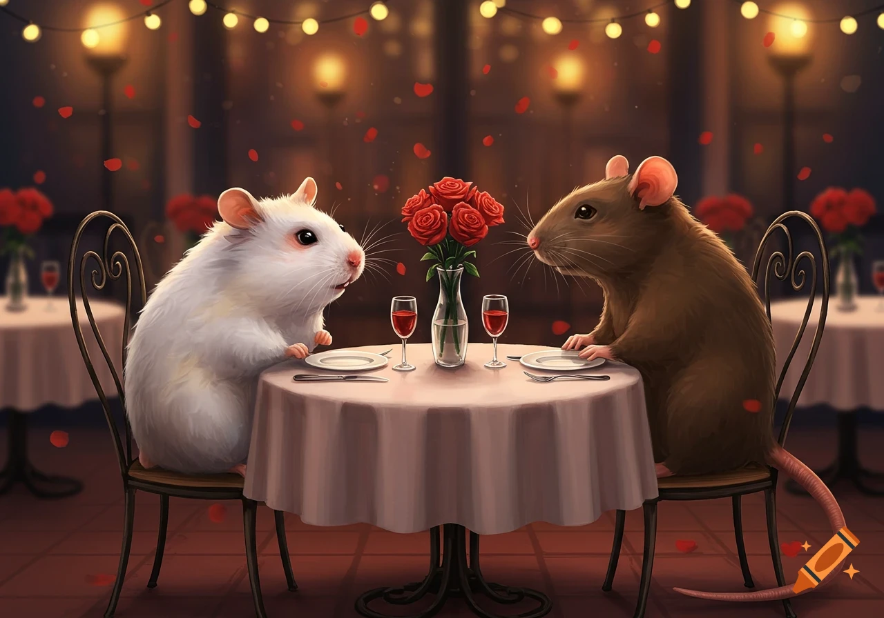 A white rodent and a brown rat sit across from each other at a romantic restaurant table with a vase of red roses, wine, and scattered petals.