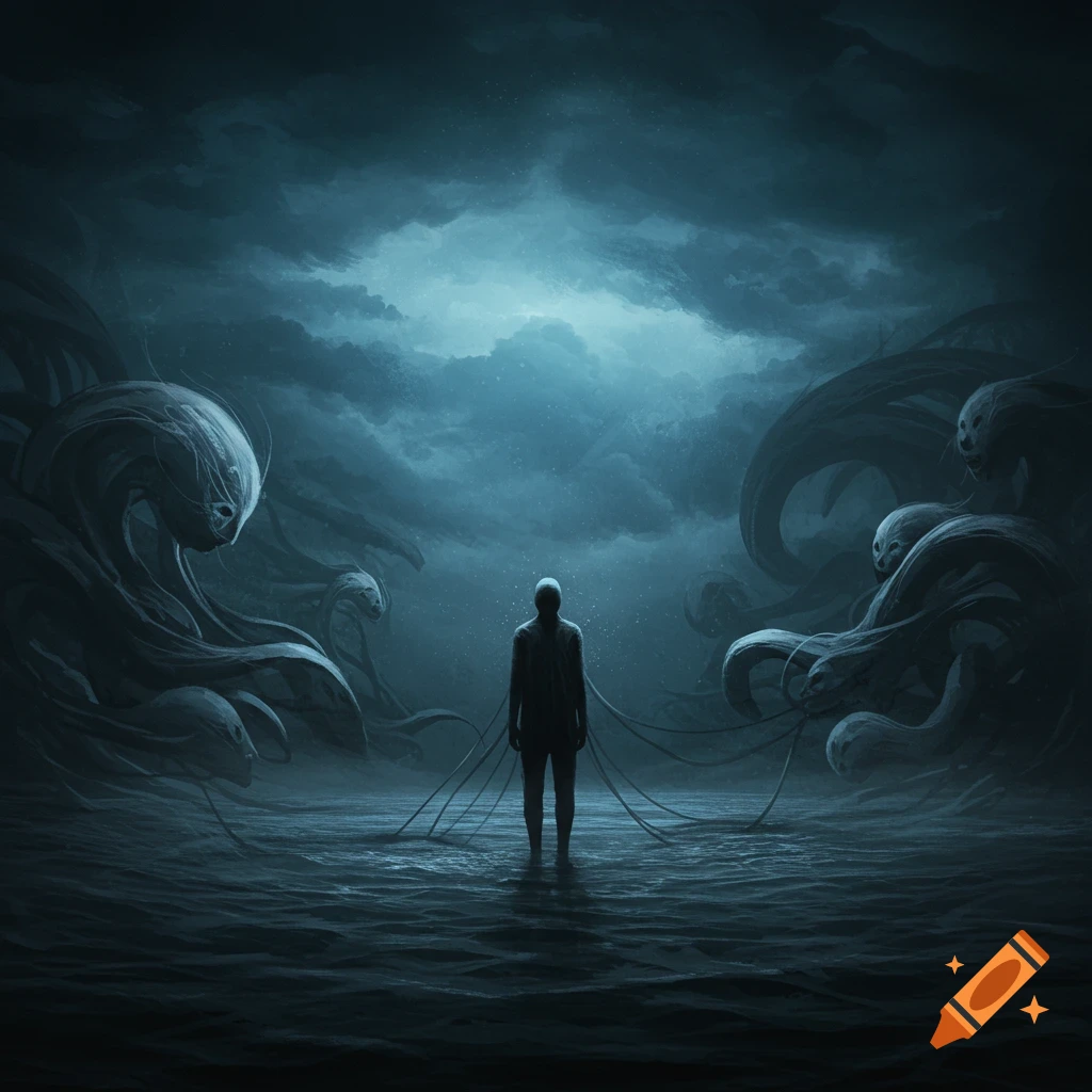 A dark, atmospheric digital painting of a solitary figure in water, surrounded by large, shadowy, monstrous entities under a stormy sky.