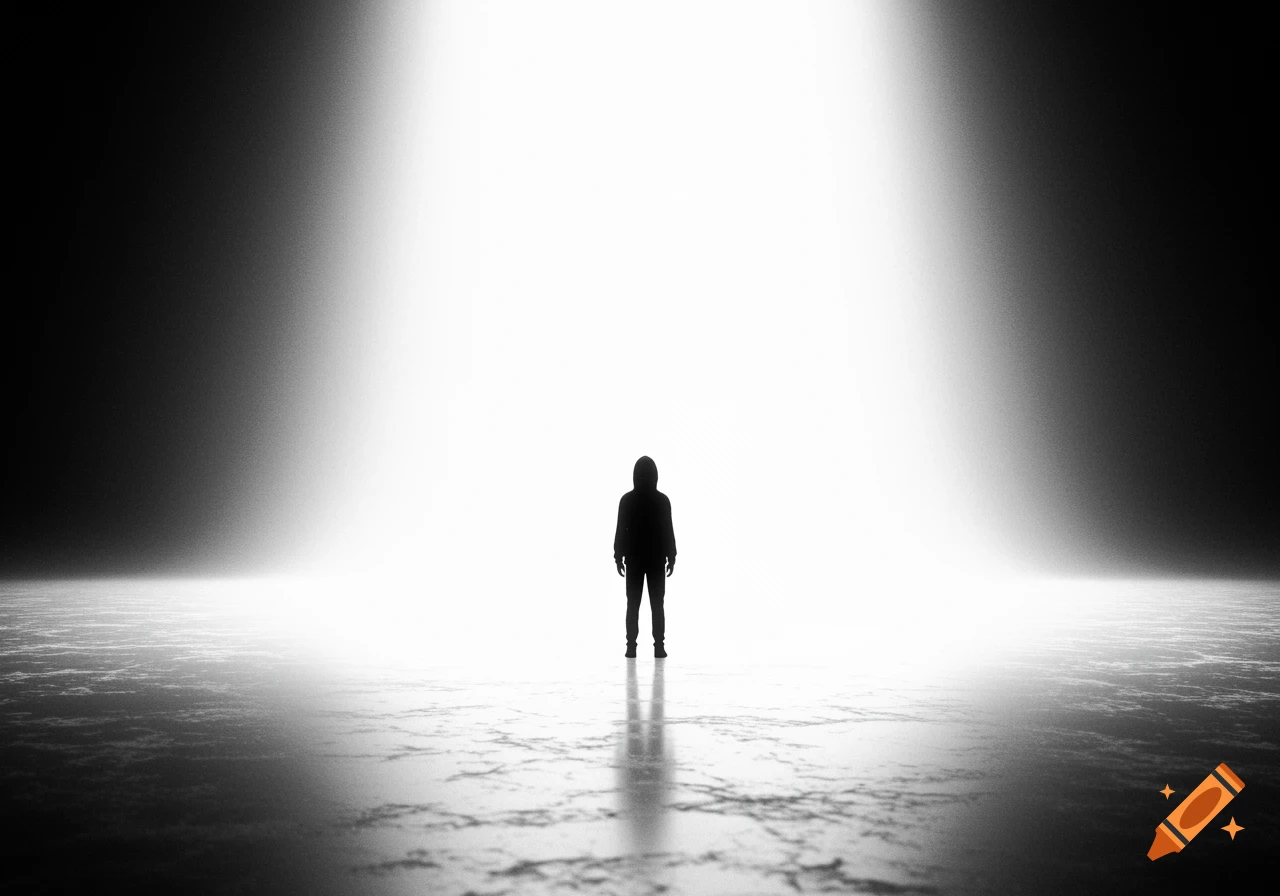 A lone figure in a hoodie stands silhouetted against a vast, radiant white light in a minimalist black-and-white scene.
