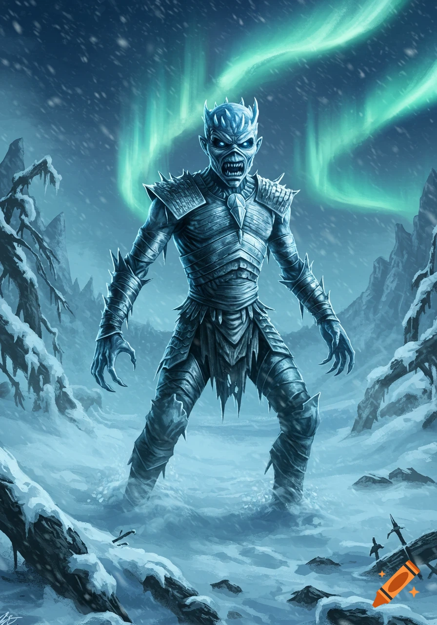 Monstrous ice creature with spiky armor and glowing eyes, resembling Eddie the Head and a White Walker, in a snowy landscape under a green aurora.
