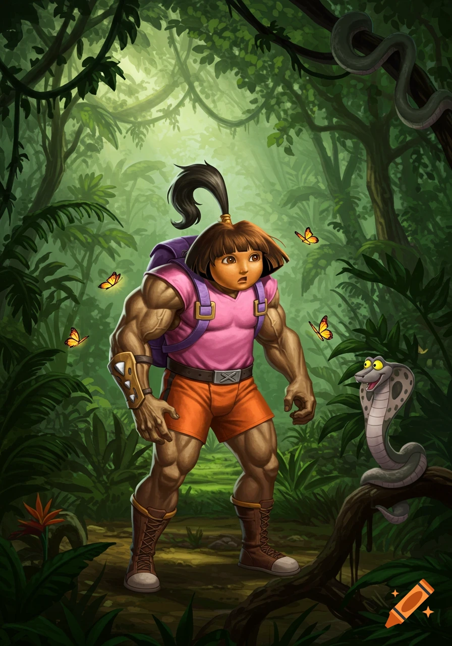 Muscular Dora the Explorer in a jungle, looking at a cartoon snake, detailed illustration.