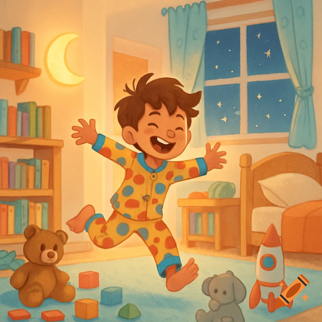 A cheerful boy in colorful polka dot pajamas jumps in a cozy, warm-lit bedroom at night, surrounded by toys and books.