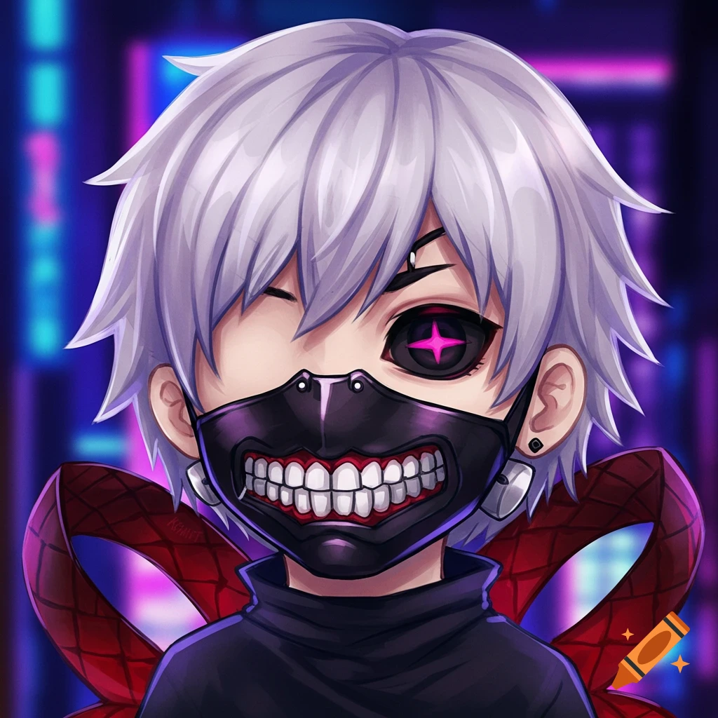 Chibi anime character with white hair and a black ghoul mask, one eye glowing pink, a red kagune behind, against a neon cityscape background.