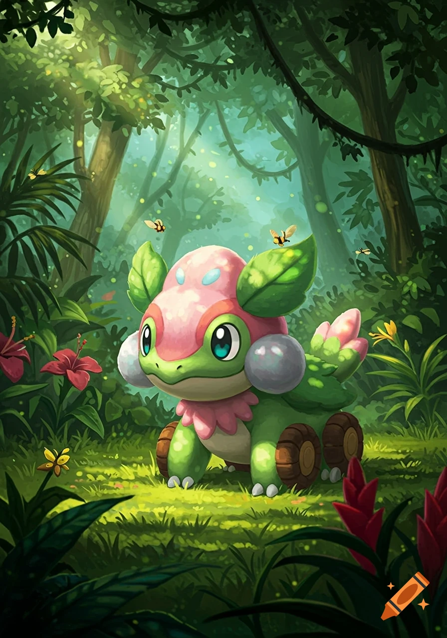 A cute, green and pink, plant-like creature with large eyes stands in a lush, sun-dappled jungle, surrounded by foliage and fireflies.