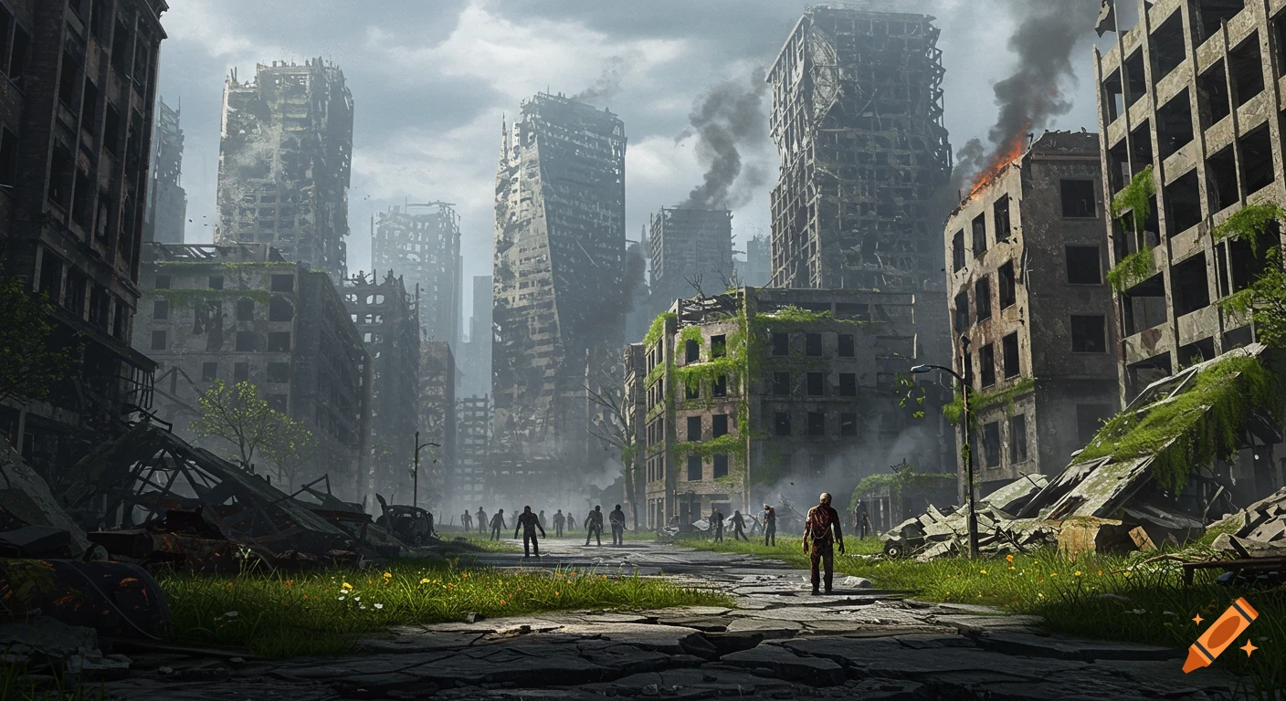 Photorealistic scene of a ruined city after a zombie apocalypse, with overgrown moss, crumbling buildings, and zombies walking amongst debris.