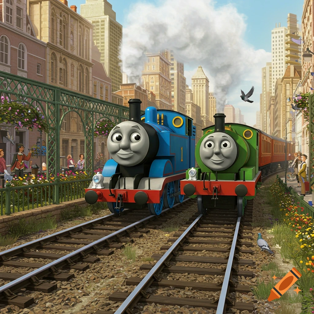 Thomas the Tank Engine and Percy the Small Engine smile while traveling on train tracks through a bustling city.