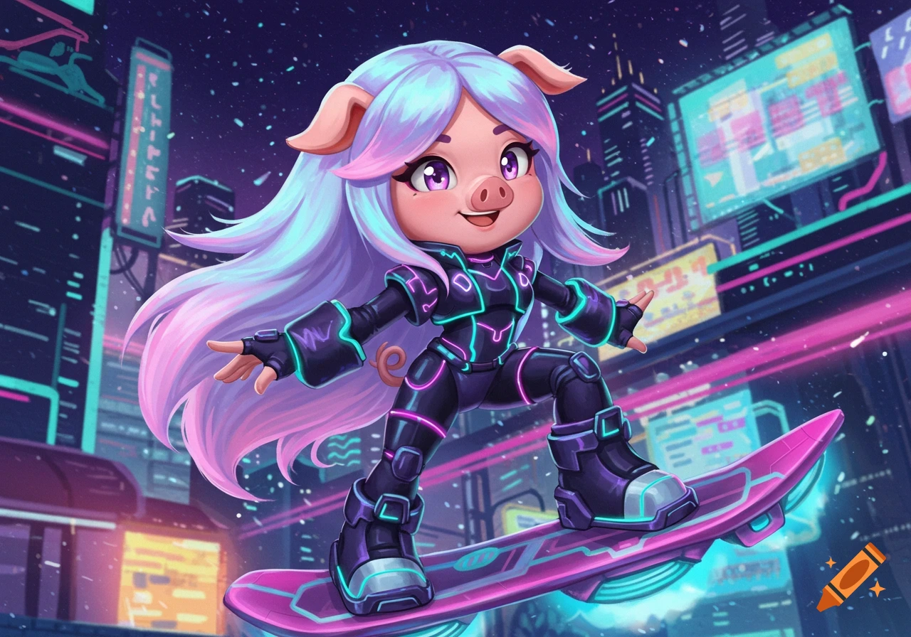 A cute pig girl with long purple hair in a neon futuristic suit rides a hoverboard through a cyberpunk city at night.