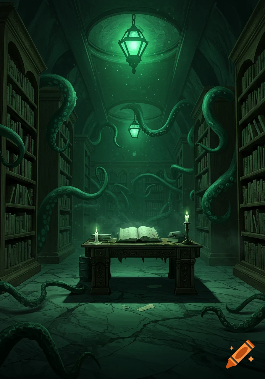 A dark, eerie library with glowing green lights and large tentacles emerging from bookshelves, an open book on a table.