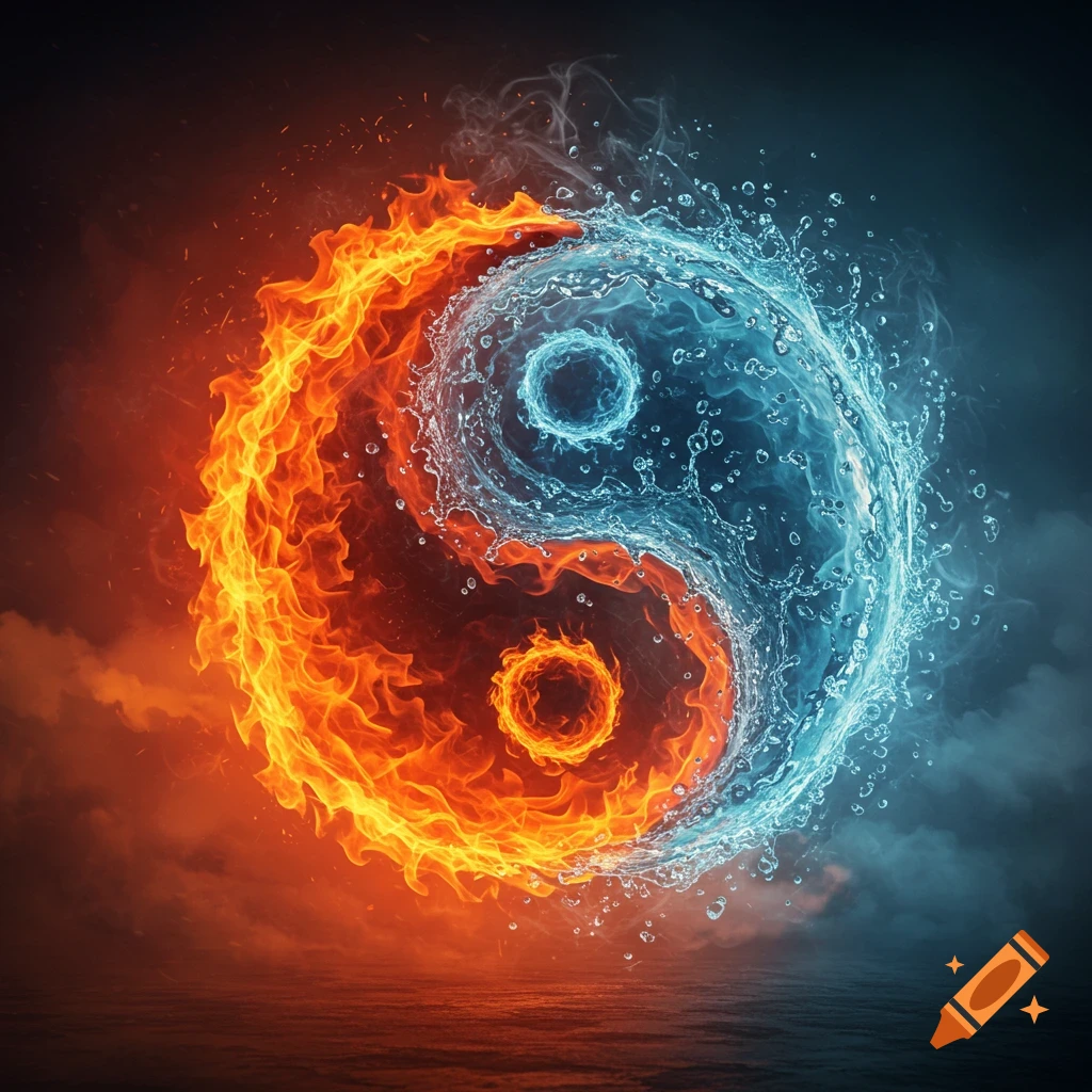 A vibrant Yin Yang symbol composed of swirling red fire and splashing blue water against a dark, smoky background.
