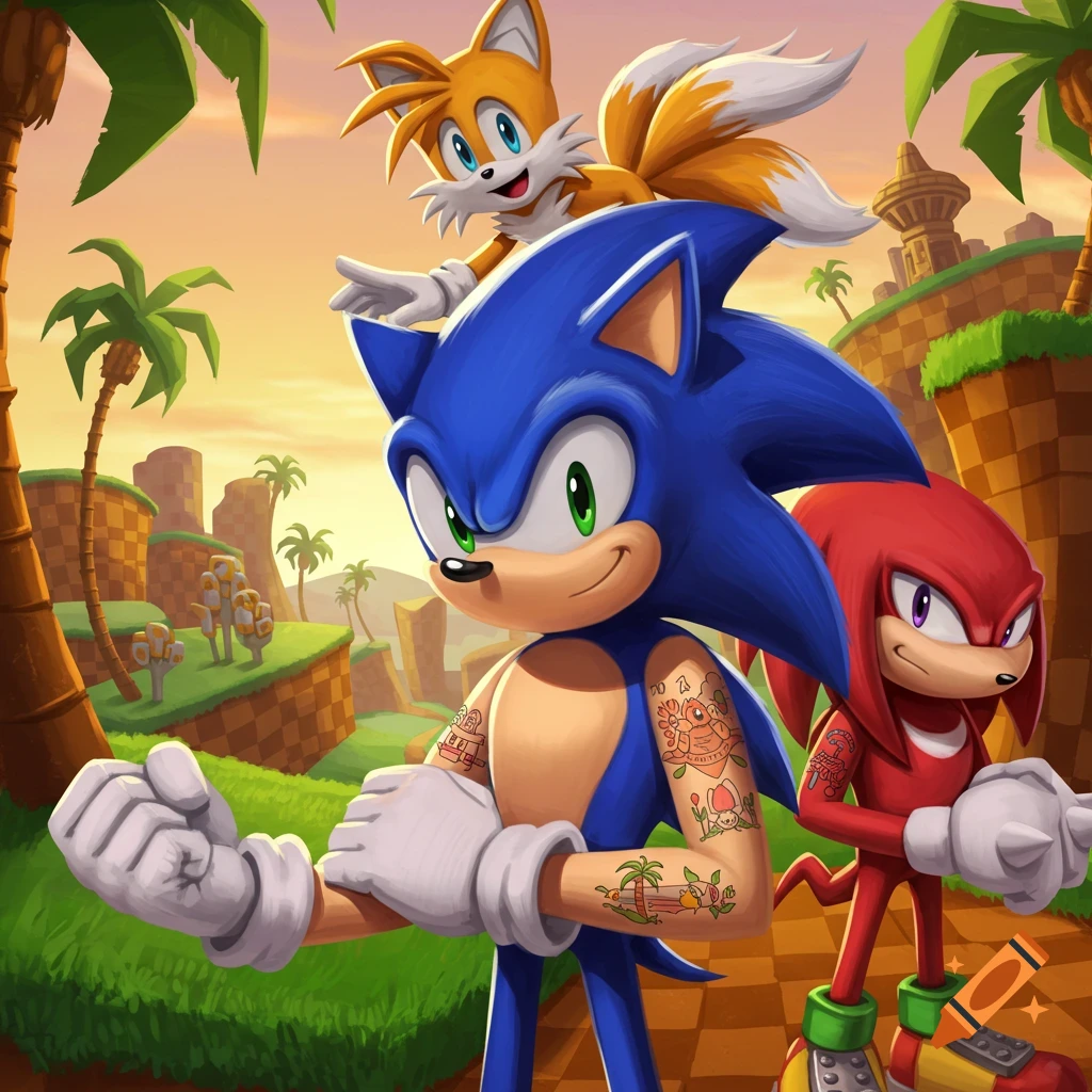 Sonic the Hedgehog, Tails, and Knuckles standing in Green Hill Zone. Sonic and Knuckles have colorful Green Hill Zone themed tattoos.