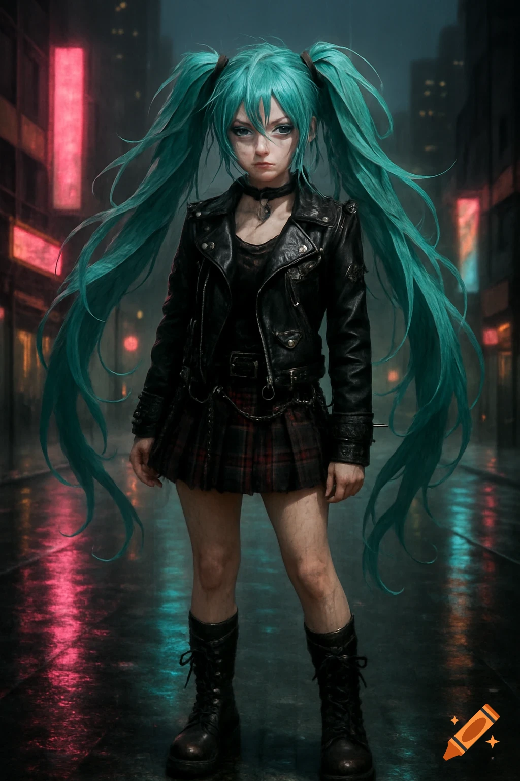 A goth anime girl with long teal pigtails, a black leather jacket, and plaid skirt stands on a wet, neon-lit cyberpunk city street at night.