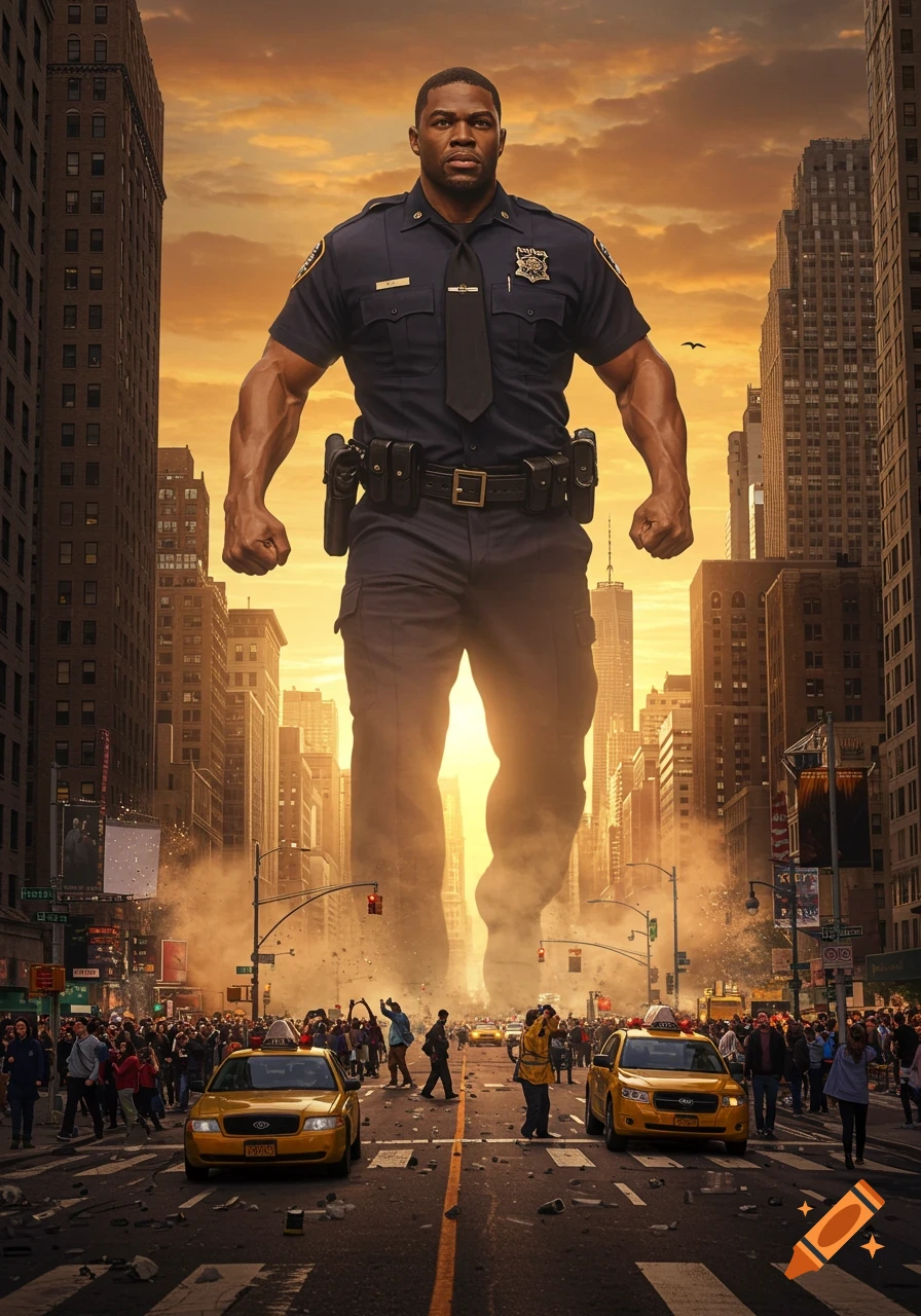 A gigantic, muscular policeman stands in the middle of a New York City street, dwarfing buildings and causing chaos as people and taxis scatter under an orange sky.