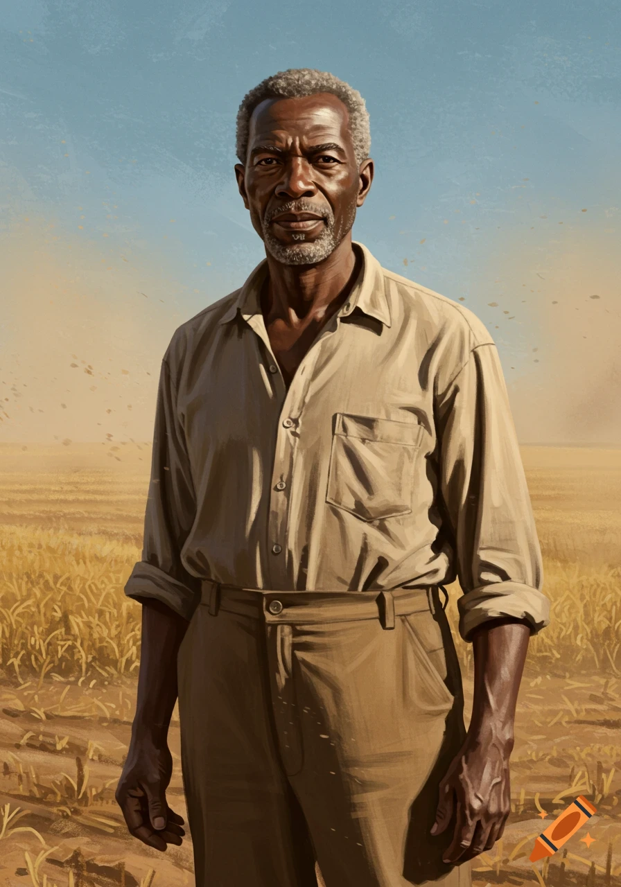A serious older Black man with grey hair and a beard stands in a golden field under a blue sky, wearing a beige shirt and brown pants.