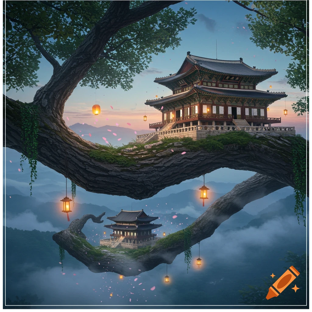 A fantastical landscape featuring traditional Korean palaces nestled on giant tree branches, surrounded by mist and glowing lanterns.