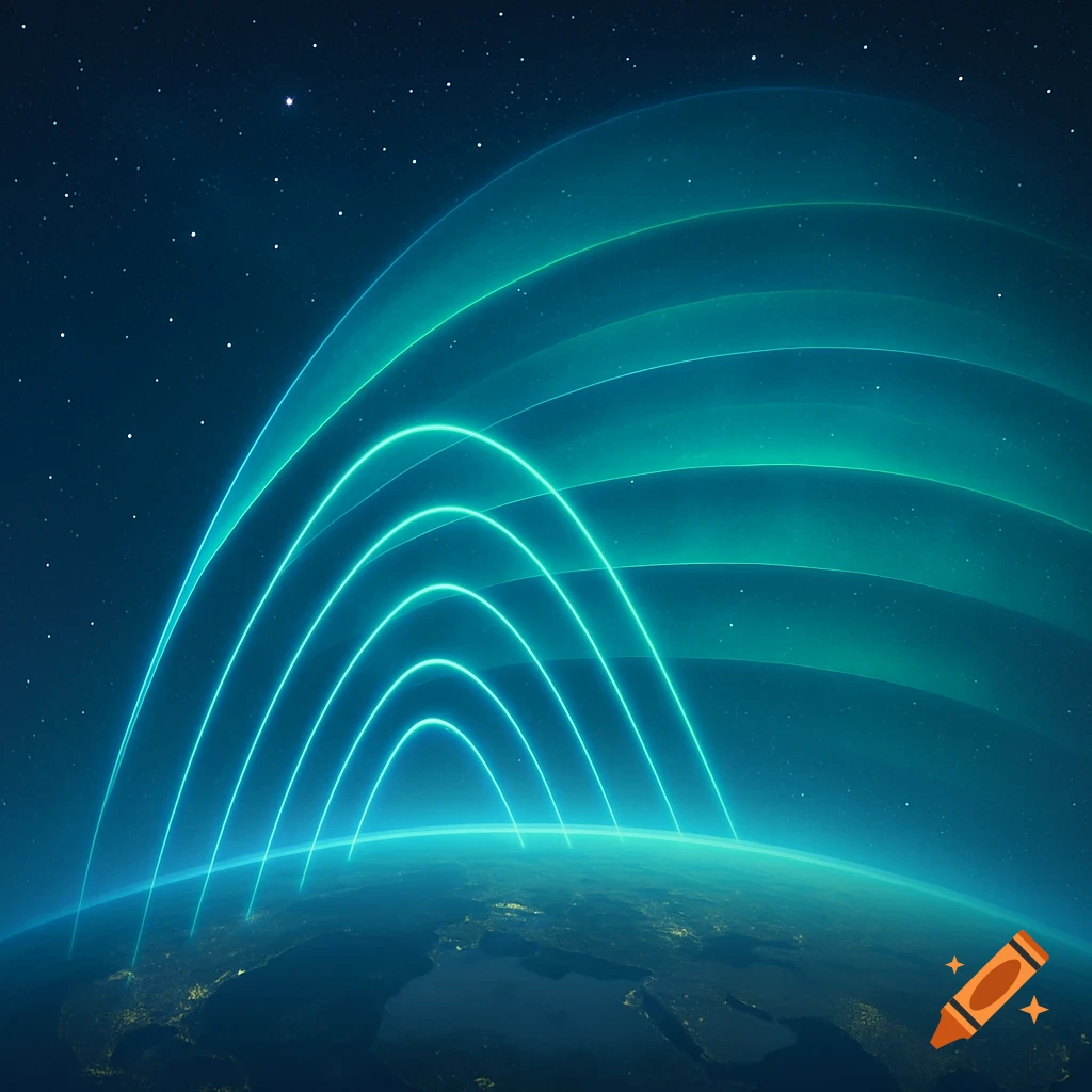 Glowing teal arcs arch over a detailed view of Earth from space with a dark, starry sky.