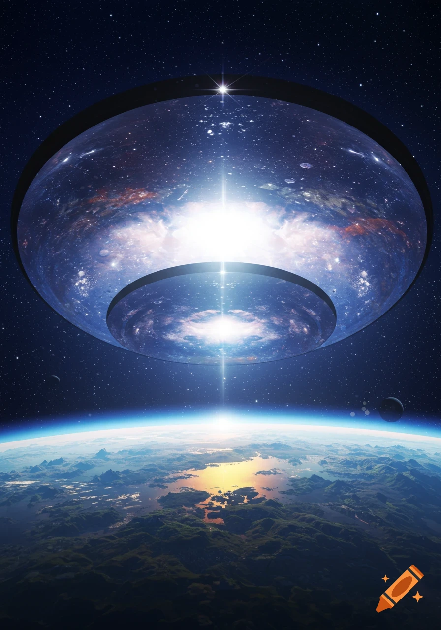 A large, bright, luminous ring-like structure in deep space above a planet, reflecting light on its oceans, with stars and nebulae visible.