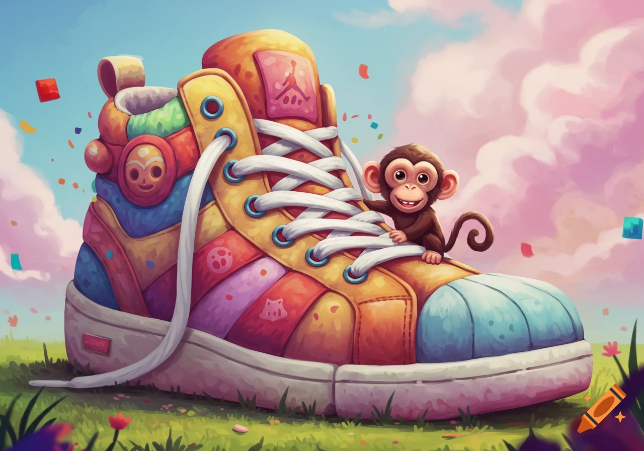 A whimsical illustration of a tiny monkey sitting on a giant, colorful sneaker with white laces, set against a pink cloudy sky and green grass.