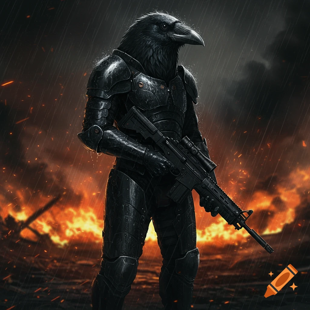 A dark, armored crow-headed sci-fi soldier stands in the rain on a burning battlefield, holding a rifle.