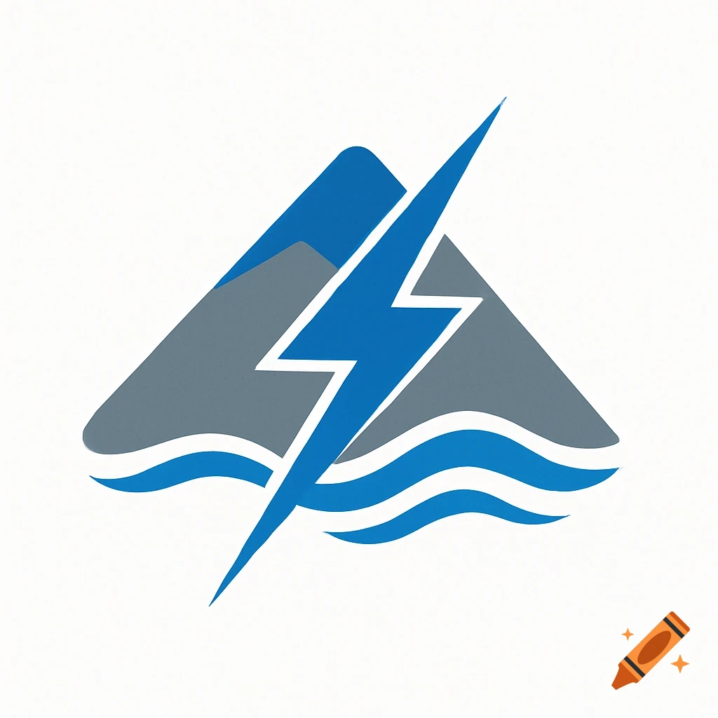 Modern minimalist logo with a gray mountain, blue waves, and a blue lightning bolt on a white background.