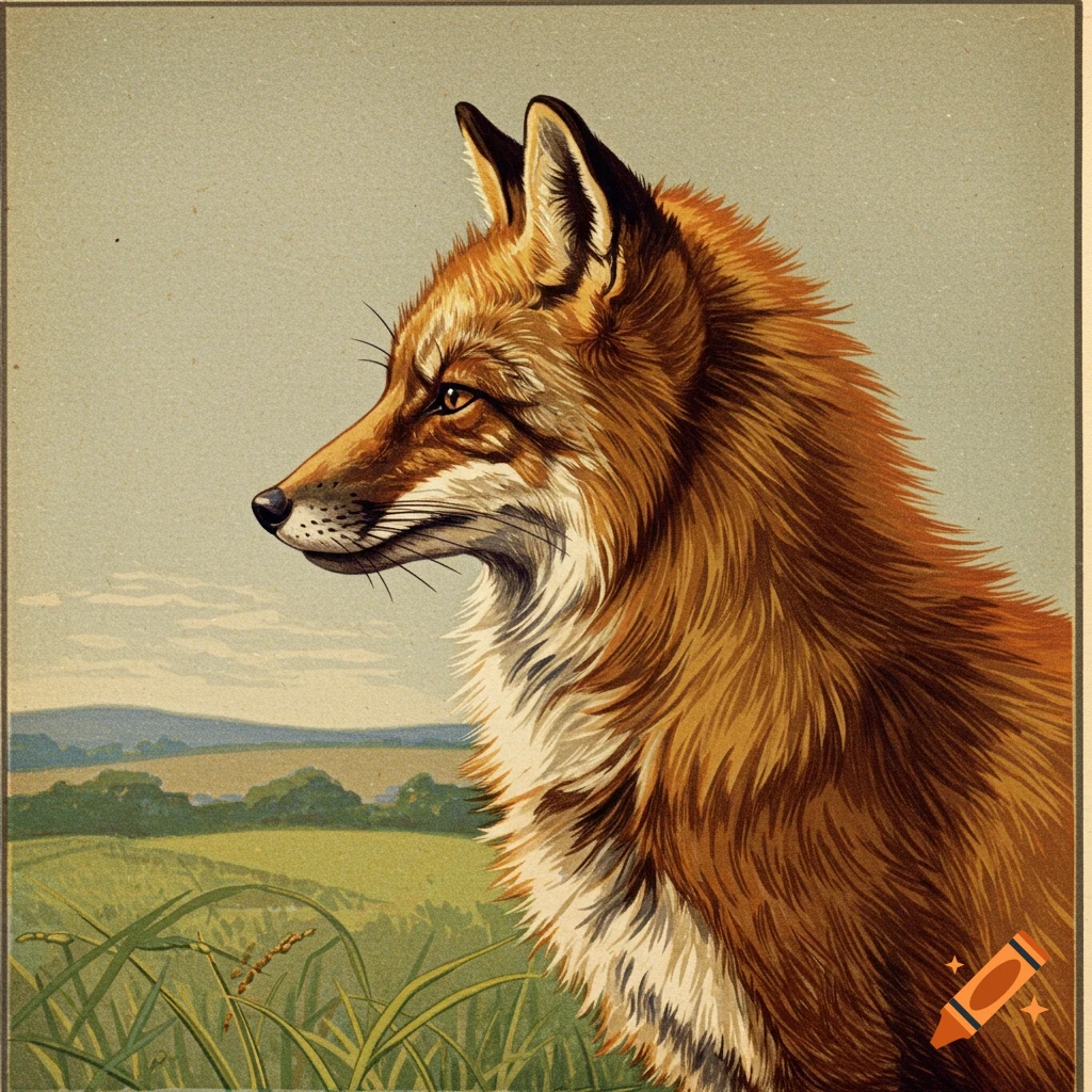 Side profile illustration of a red fox with a bushy tail, gazing left, against a rural landscape in a vintage Americana style.