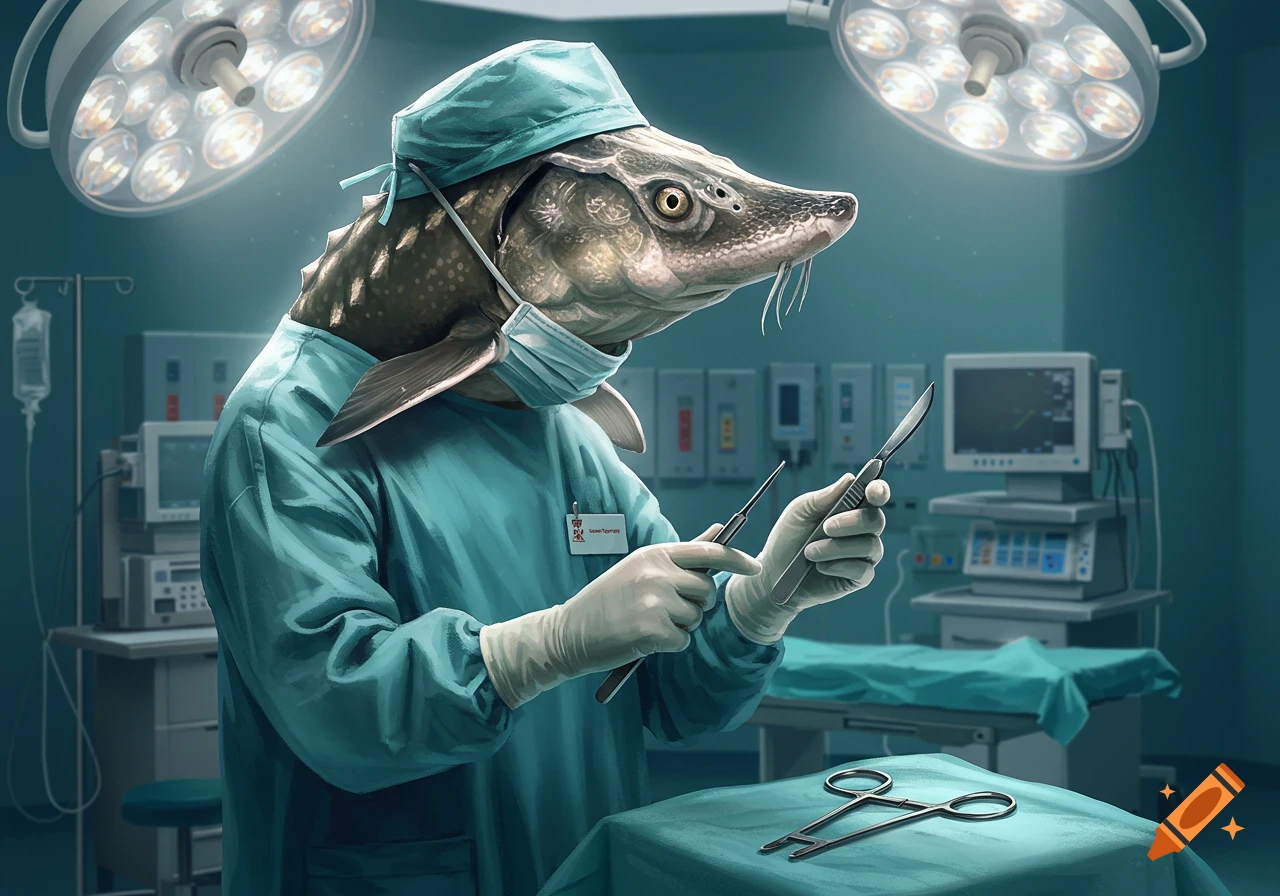 A sturgeon wearing surgeon's scrubs and a mask, holding surgical tools in an operating room.