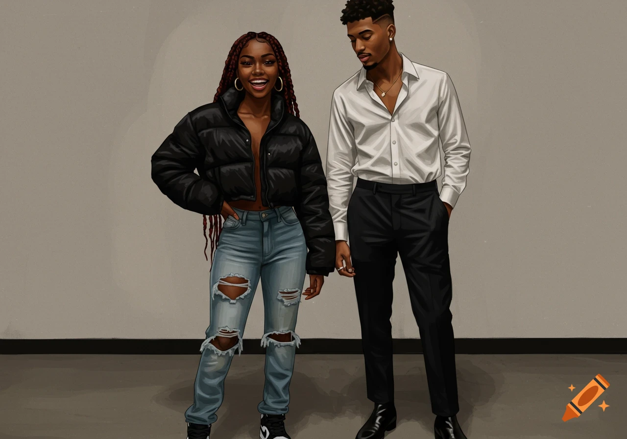 Digital illustration of a stylish Black couple. The girl wears a black puffer jacket and ripped jeans; the boy wears a white shirt and black trousers.