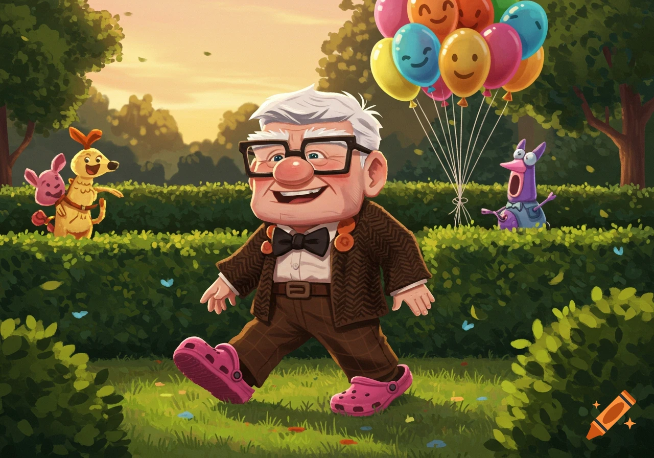 Carl Fredricksen from Up, smiling and walking in pink crocs, holding colorful smiley-face balloons in a park with cartoon animals.