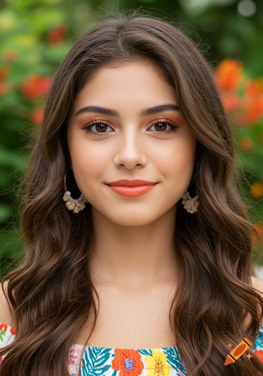 Photorealistic close-up portrait of a smiling young woman with long wavy brown hair, wearing a floral top, against a vibrant tropical background.