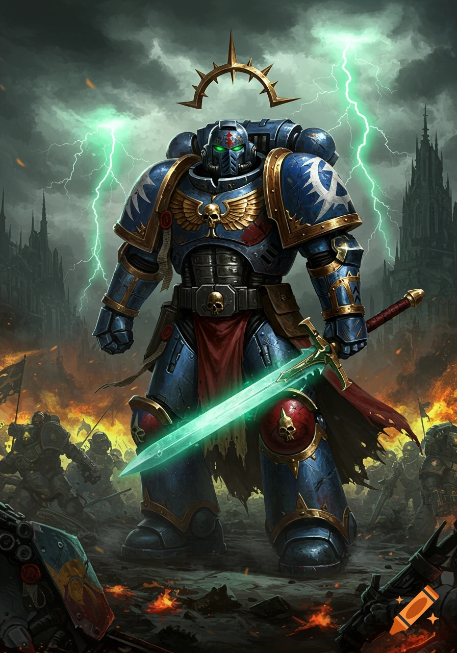 A heavily armored blue Space Marine warrior with a glowing green sword stands on a battlefield under a stormy sky with lightning.
