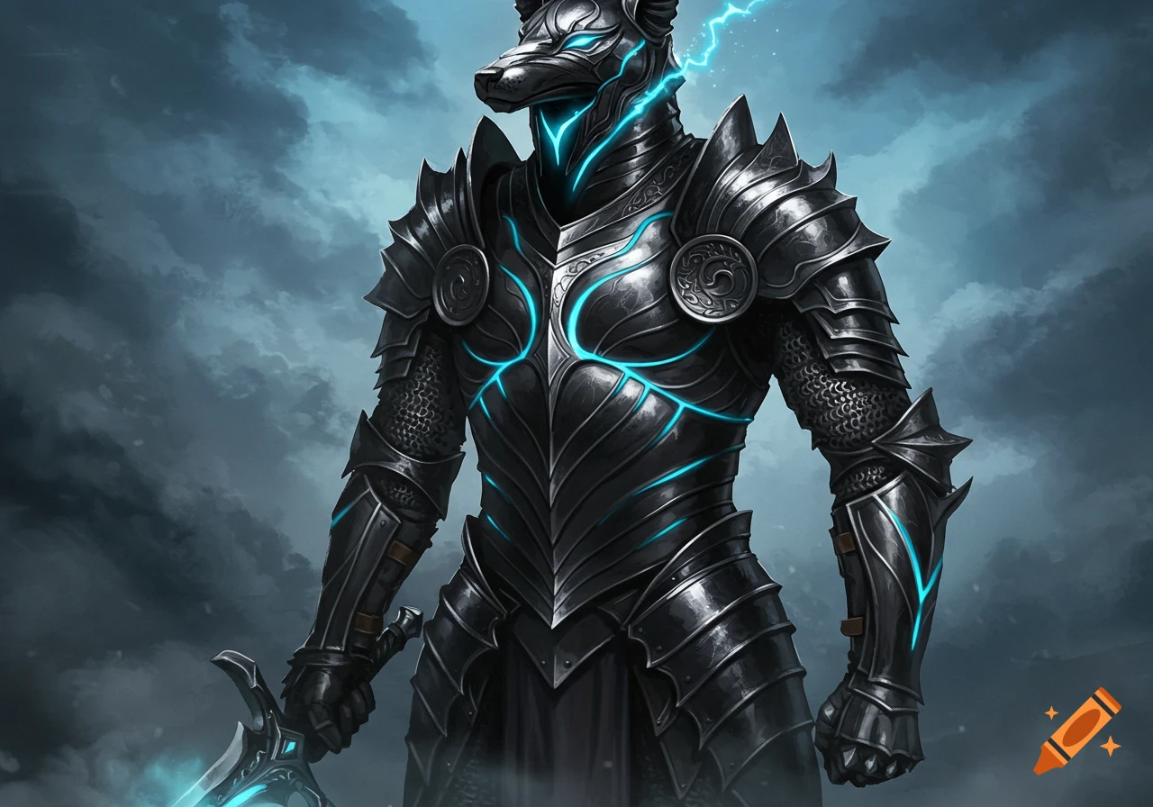 A majestic jackal-headed knight in intricate black and silver plate armor with glowing blue accents, holding a sword, against a stormy sky.