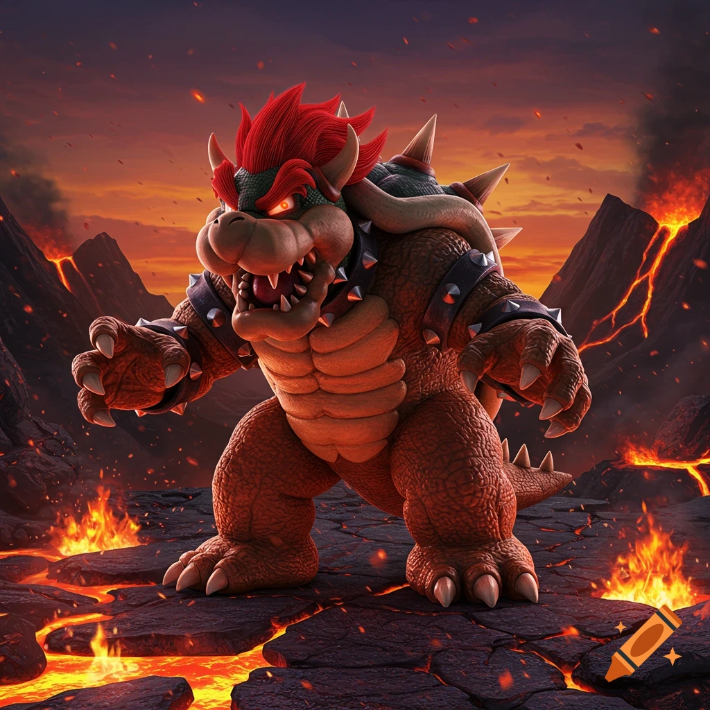 Bowser, a large, spiky turtle-like creature with red hair, stands aggressively on cracked lava rock in a fiery volcanic landscape.