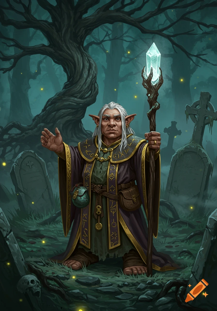 A grey-haired halfling grave cleric stands in a moonlit graveyard, holding a crystal staff, with gravestones and a gnarled tree in the background. Stylized art.