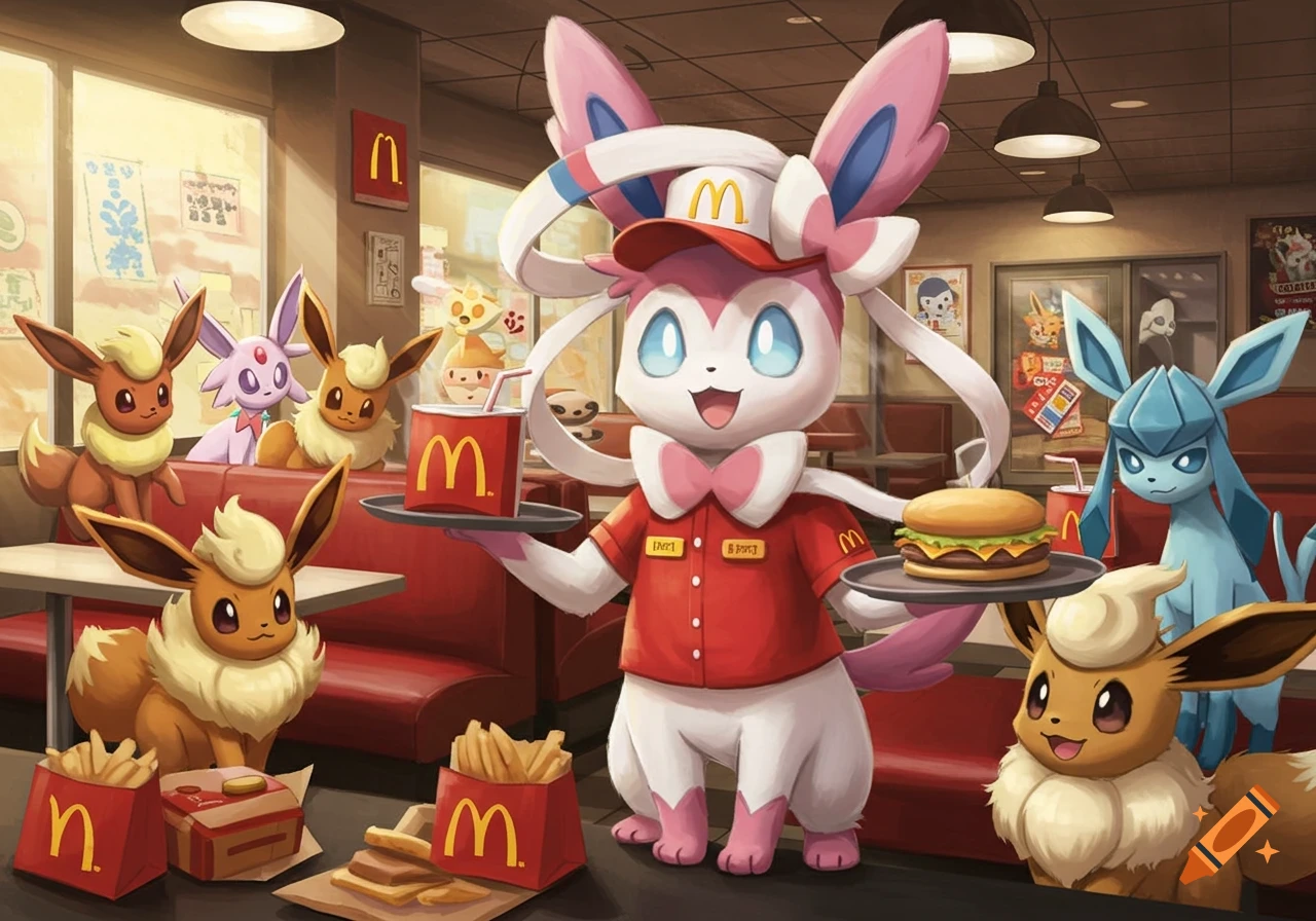 A Sylveon in a McDonald's uniform serves food to other Eeveelutions in a fast-food restaurant, anime style.