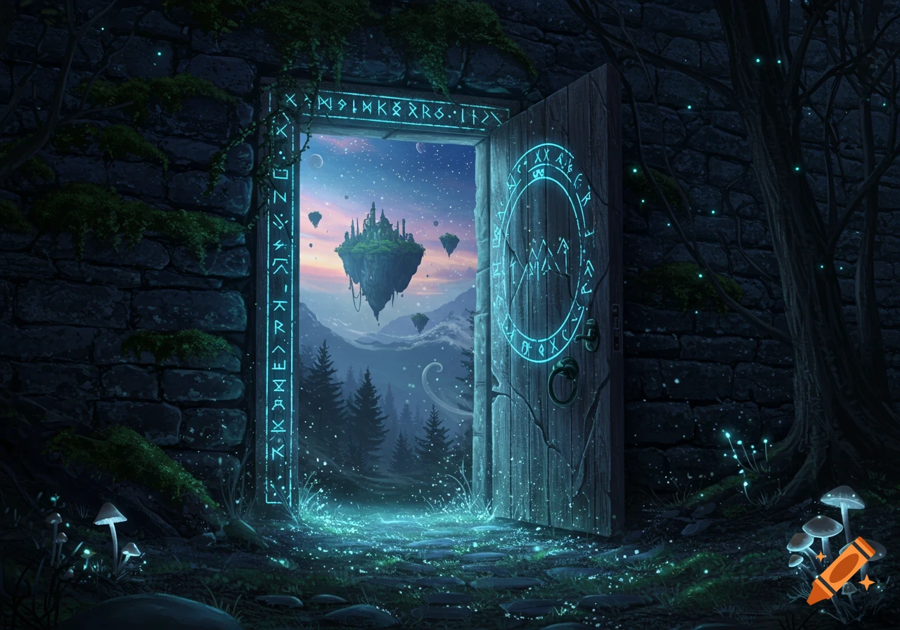 A magical wooden door with glowing blue runes opens to a starry sky, floating islands, and a mountain landscape, surrounded by a dark, mossy forest with glowing mushrooms.