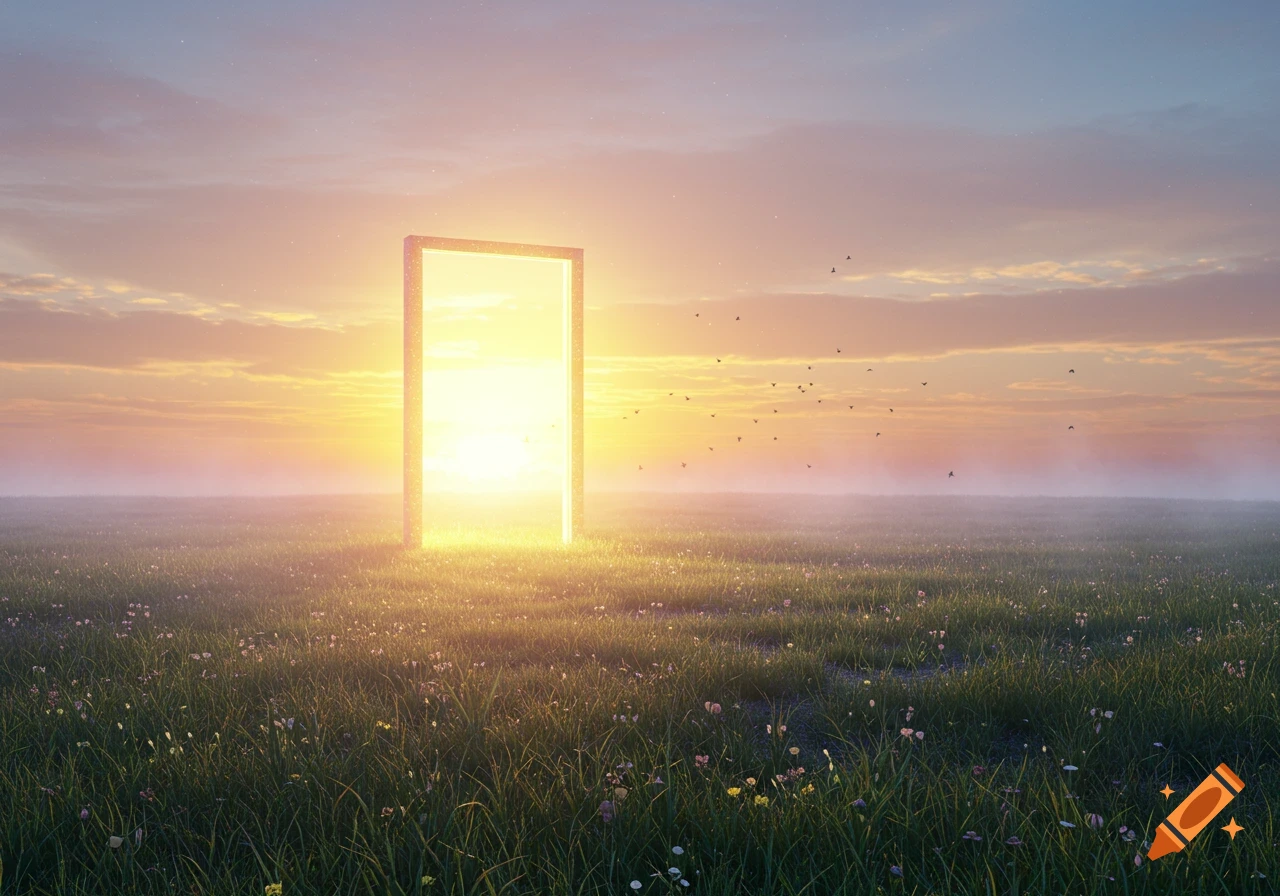 A bright, glowing rectangular portal stands in a lush green field under a vibrant sunset sky, with small birds flying in the distance.
