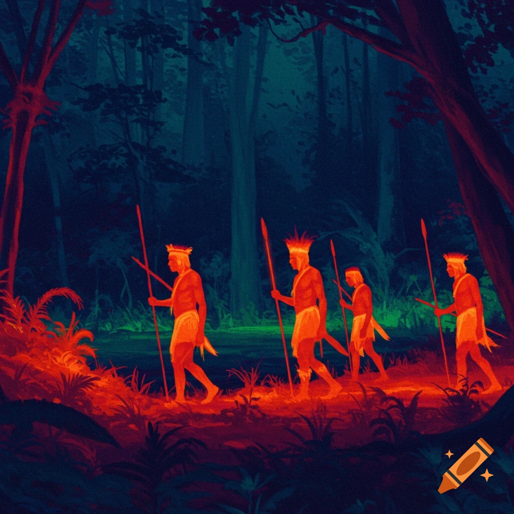 Five indigenous figures with spears walk through a dark thermal vision forest, glowing orange and red against cool blue-green.