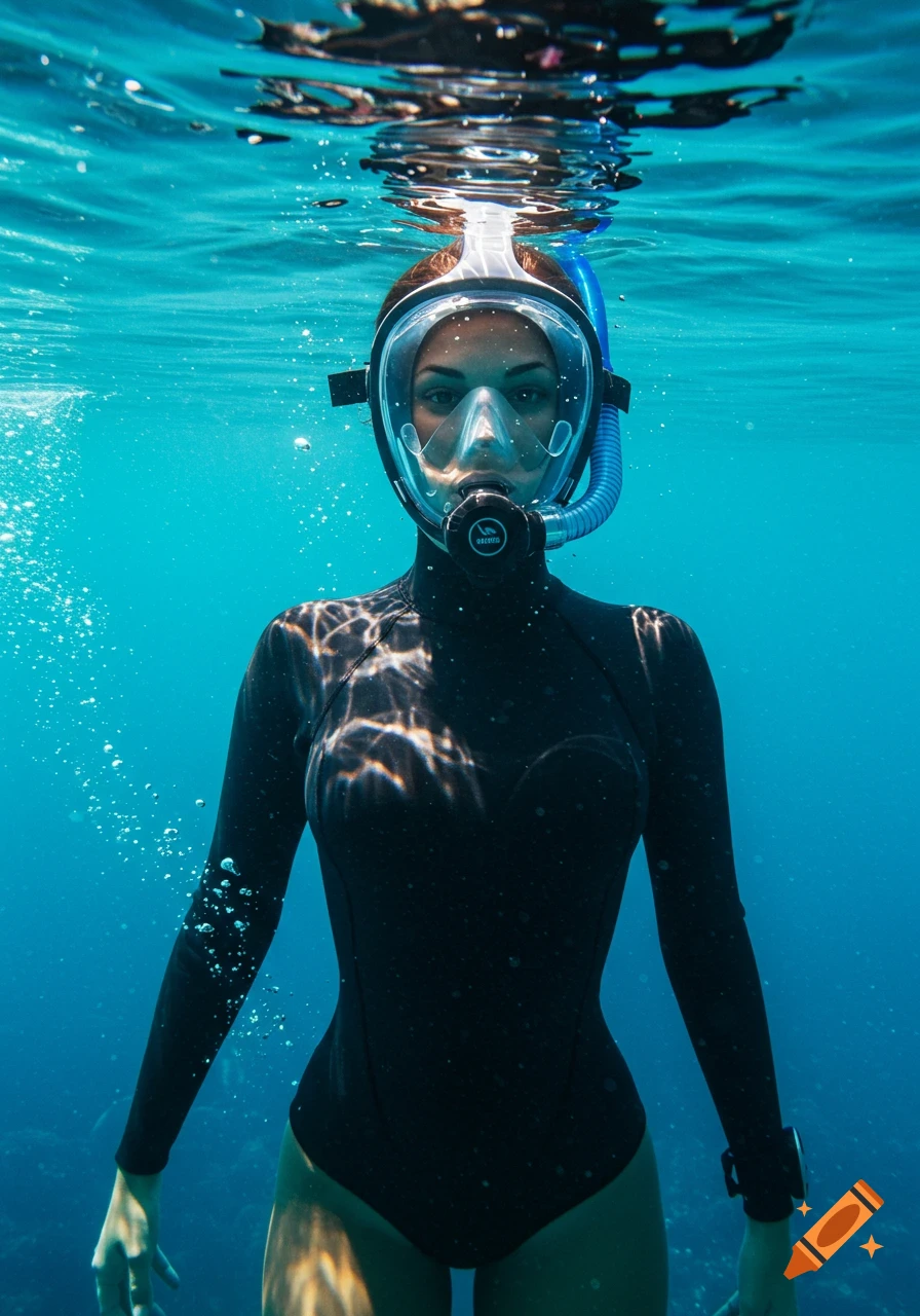 A woman in a black wetsuit and full-face snorkel mask swims underwater, looking at the camera.