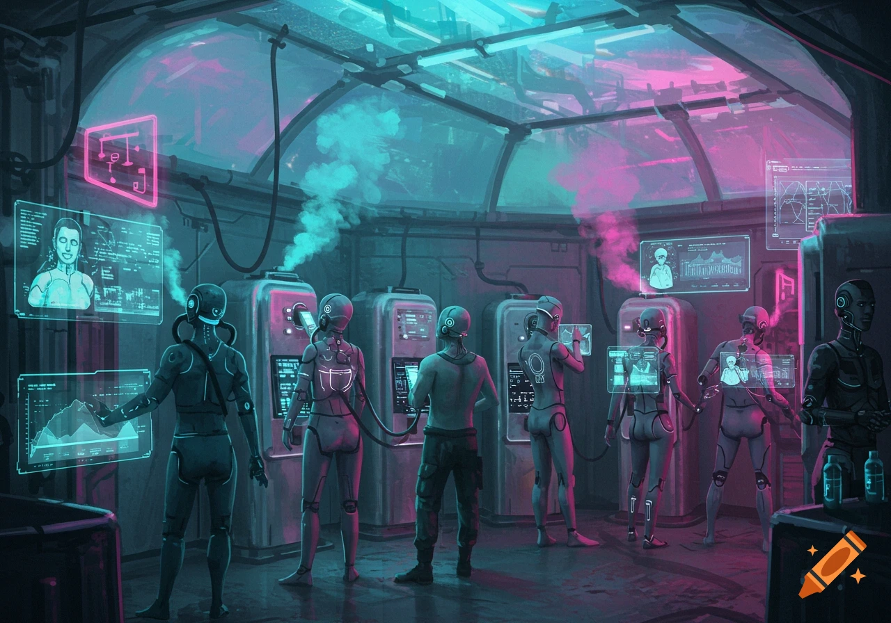 Cyborgs and a man interact with glowing holographic screens in a neon-lit, futuristic station, stylized digital art.