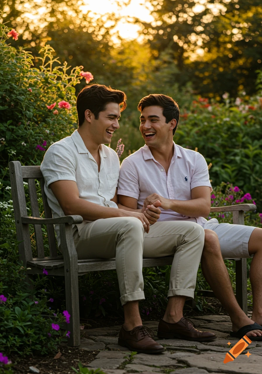 A photorealistic image of two men, a romantic couple, laughing and holding hands while sitting on a garden bench during sunset.
