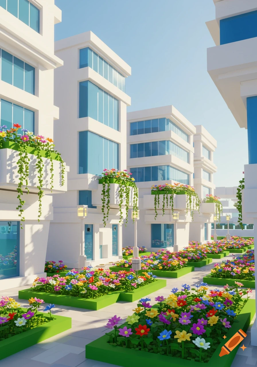 Vibrant voxel art city with white buildings, blue windows, and many colorful blocky flowers in green planters under a clear sky.
