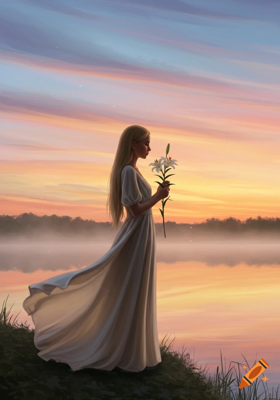 Illustrated woman holding white lilies by a misty lake at sunset.