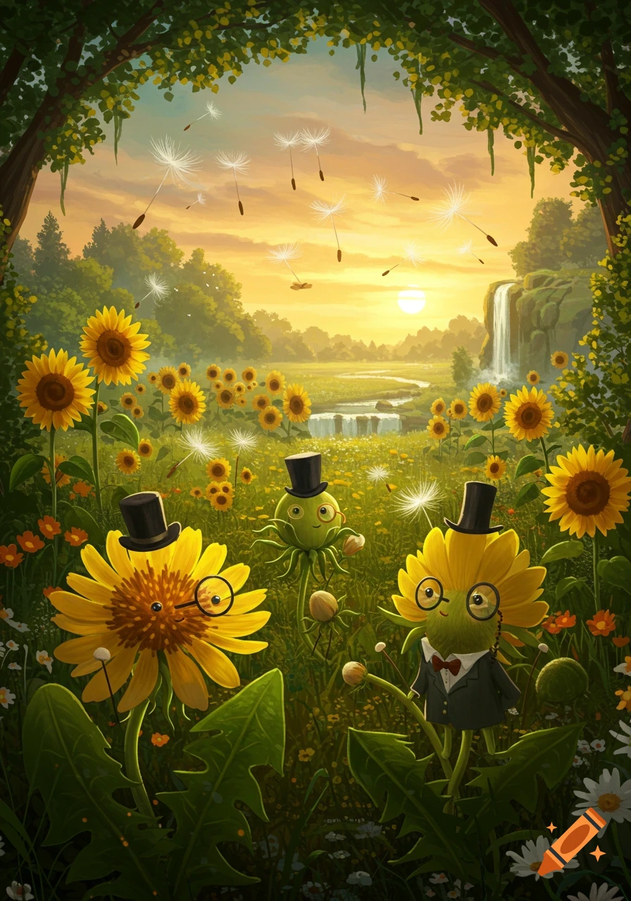 Whimsical sunflowers and a dandelion creature in top hats and monocles stand in a vibrant, sunny field with a waterfall.