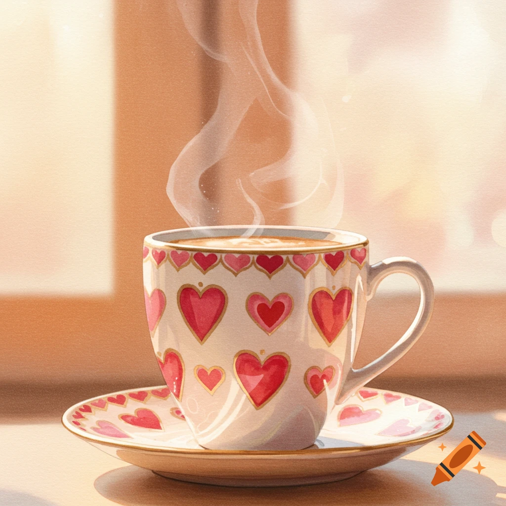 Steaming white coffee cup with red and pink heart patterns on a matching saucer, on a table in sunny light, watercolor style.