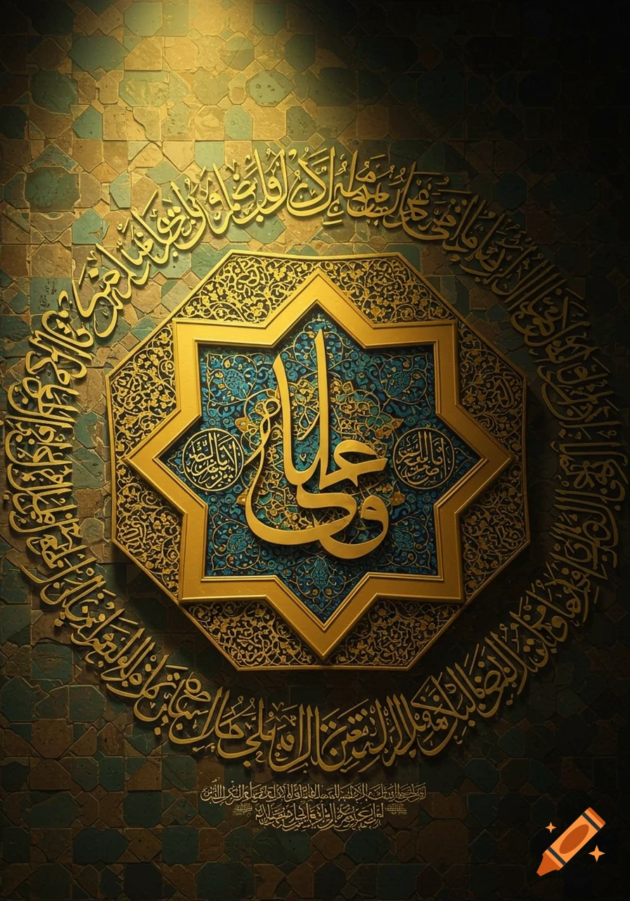Intricate gold and teal Islamic calligraphy in an octagonal design on a textured tile background.