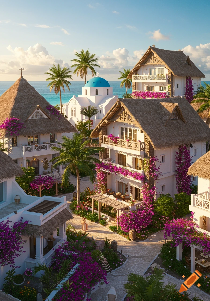 Photorealistic view of a vibrant coastal resort with white buildings, thatched roofs, pink bougainvillea, palm trees, and a blue-domed church by the turquoise sea.