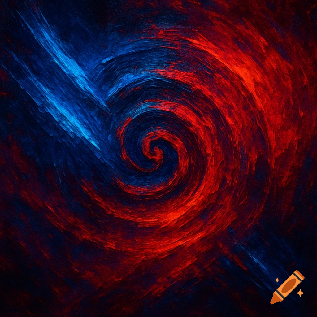 Textured abstract swirl of sapphire blue and ruby red colors, forming a central vortex.