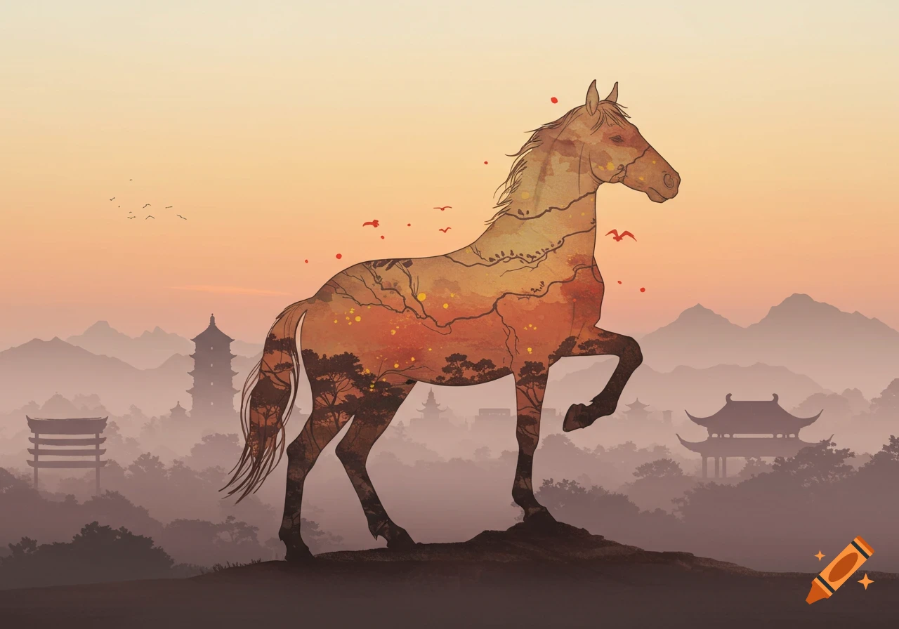 A stylized horse silhouette filled with a Chinese landscape at sunset, featuring misty mountains, pagodas, and trees.
