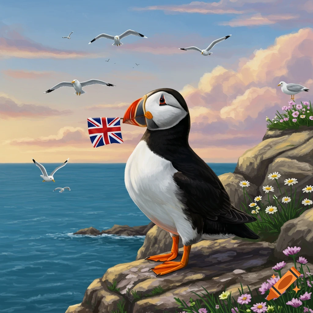 A puffin stands on a rocky cliff by the sea, holding a Union Jack flag in its beak, with seagulls flying under a cloudy sky.